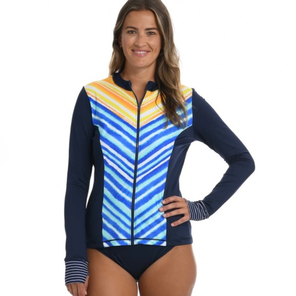 NEW 24th & Ocean Ocean Stripe Zip Up Rashguard Swimsuit Top